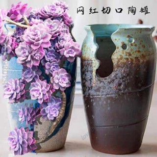 花盆 花瓶 桌上花瓶 多肉花瓶 高切口 粗陶多肉植物紫砂陶瓷矮胖特大缺口陶罐小懸崖老 創意花瓶 花器