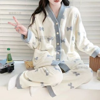 ⭐睡衣 兩件式睡衣冬季 睡袍 長袖 睡袍【反季清倉】睡衣女秋冬長袖女款保暖法蘭絨大碼寬鬆珊瑚絨兩件套x