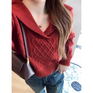 【HOT 本舖】大翻領復古毛衣女 春秋高腰短款小個子軟糯套頭長袖粗毛線針織上衣
