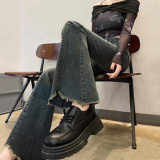 美式復古微喇牛仔褲女 設計感女裝 高腰牛仔褲子 女生毛邊小喇叭褲 高彈力 牛仔長褲 梨形身材 薄款 顯瘦直筒褲 闊腿褲褲