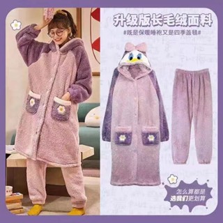 長款睡袍保暖睡衣珊瑚絨睡袍法蘭絨睡袍[D1226]套裝家居服女士秋冬季加絨加厚珊瑚絨睡袍學生可愛冬天睡衣可外穿