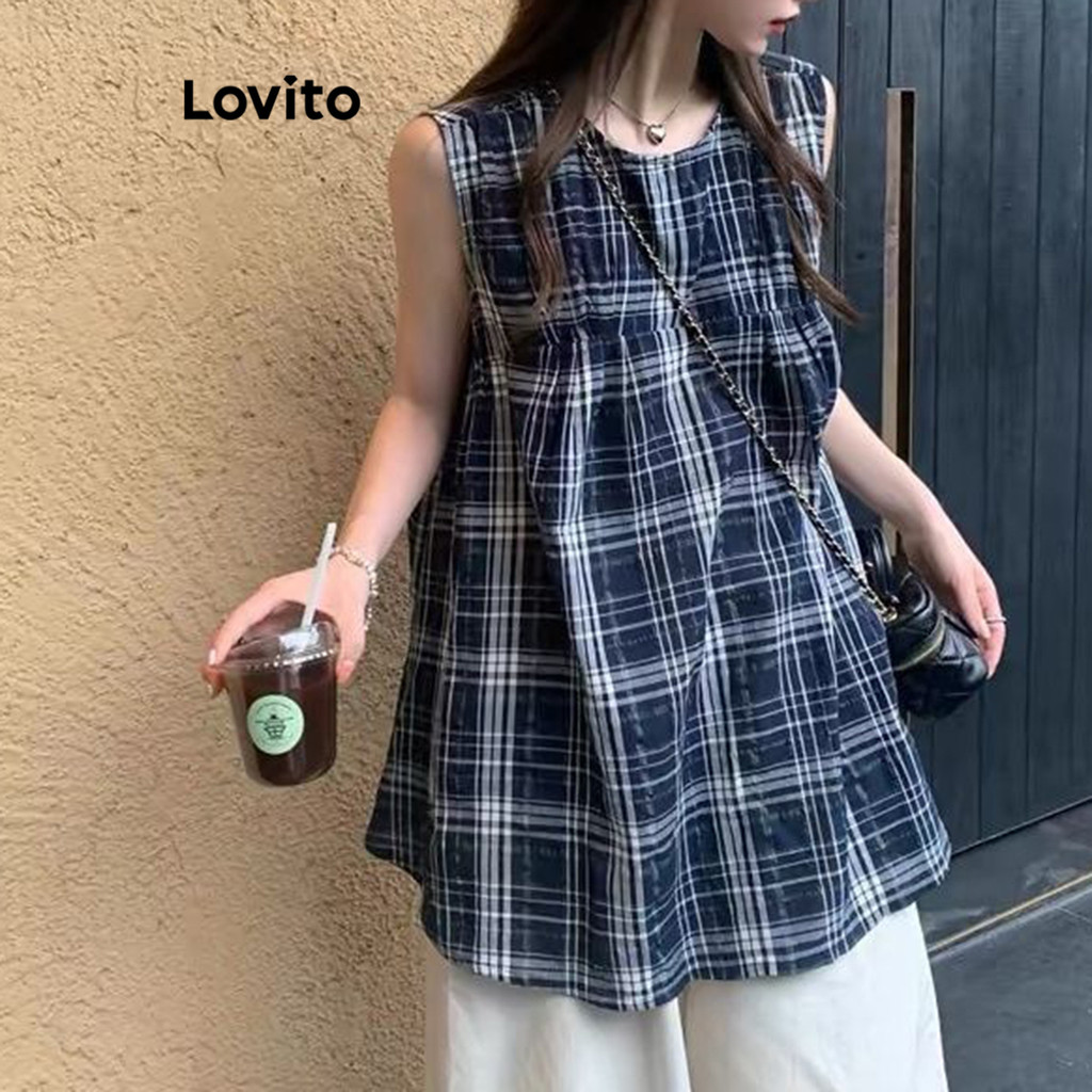 Lovito 女休閒格紋背心 LNA74142