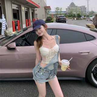 【HOT 本舖】 ！復古辣妹奢華性感蕾絲掛脖上衣女純欲俏皮百搭牛仔背帶短褲