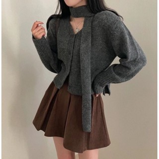 【HOT 本舖】 外套秋冬小眾上衣 法式復古長袖加厚毛衣針織衫掛脖圍巾 純色簡約針織衫 休閒毛衣