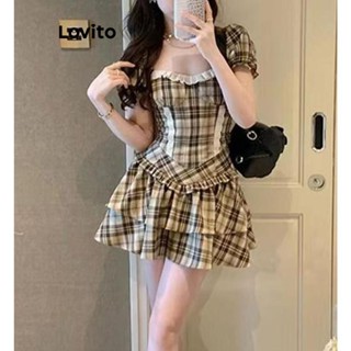 Lovito 女用休閒格紋百褶裙套裝 LNA61205