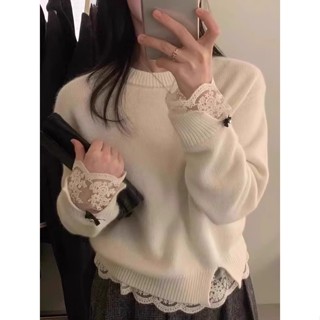 【HOT 本舖】蕾絲拼接白色毛衣女 秋冬韓系法式高階感打底衫加厚寬鬆針織衫上衣 休閒針織衫