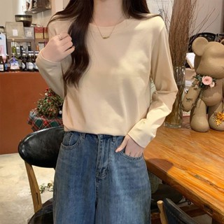 小麥+ 2025早春新款杏色純棉長袖內搭t恤女早春韓系純色寬鬆顯瘦百搭洋氣打底衫上衣