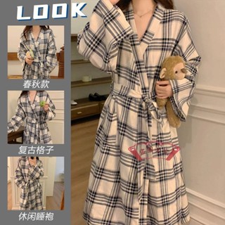 日系睡衣🎊ins法式睡袍女春秋新款休閒長款和服睡衣長袖晨袍浴袍格紋家居服 睡袍 浴袍 長袍 保暖浴袍 保暖睡袍