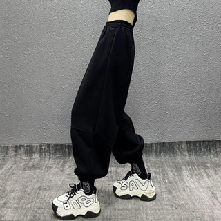 parrotfashion抽繩拚接運動休閒燈籠褲女2024秋冬加絨高腰寬鬆顯瘦百搭束腳衛褲