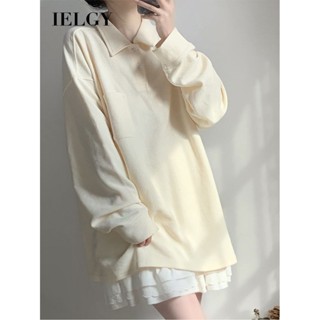 IELGY 杏色polo衫女純色寬鬆百搭翻領上衣