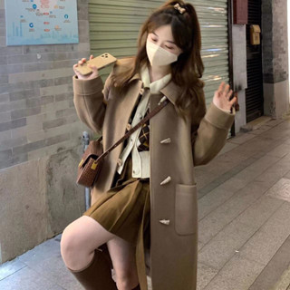 【HOT 本舖】牛角扣日系毛呢外套女 秋冬季新款呢子大衣小個子加厚中長款 純色簡約大衣外套