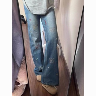 【 𝑭𝒍𝒐𝒘𝒆𝒓𝒔𝒆𝒂】美式復古 小狗刺繡 水洗藍 直筒牛仔褲 設計感 寬鬆顯瘦 闊腿長褲 牛仔褲女
