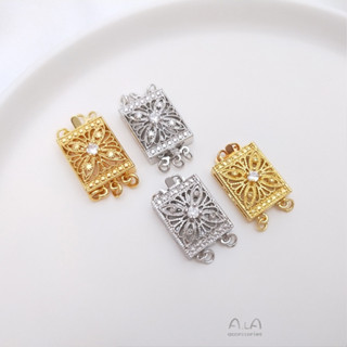 宏雲Hongyun-Ala新品-保色真空鍍18K真金白金色鑲鋯石大氣款長方形多排珍珠扣diy飾品扣