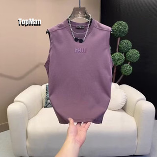 TopMan 刺繡背心 無袖上衣 透氣棉螺紋領中間8槓 紫色 黑色 白色 吊嘎 男生 無袖