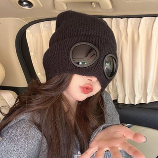 飛行員秋冬季眼鏡針織帽子秋冬男女毛線帽防風保暖加絨護耳滑雪