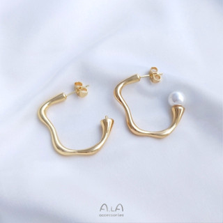 宏雲Hongyun-Ala新品-925銀針耳釘14K包金保色法式chic抽象曲線耳環手工diy半孔珍珠託