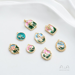 宏雲Hongyun-Ala新品-保色14K包金手繪彩色油畫風玫瑰花牌吊墜diy手作項鍊飾品吊飾配件