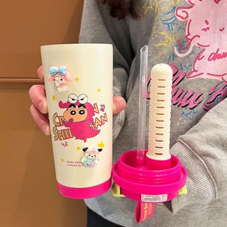 【網拍精選+開箱影片】蠟筆小新陶瓷內膽保溫杯女生高顏值咖啡隨行杯可愛吸管水杯子便攜
