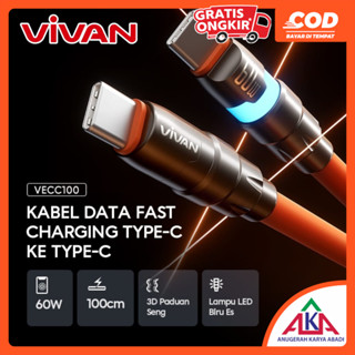 VIVAN VECC100 快速快速充電數據充電器電纜 60W USB Type-C 轉 Type-C 100cm 指示