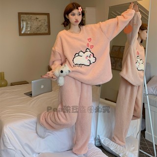Pea豌豆~💞快樂小狗珊瑚絨睡衣女 秋冬季新款保暖韓版居家服 半邊絨加厚毛絨睡衣 可愛少女風家居服兩件套裝