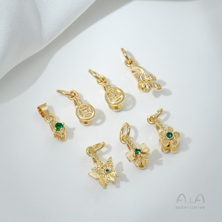 宏雲Hongyun-Ala新品-14K包金鑲綠鋯瓜子扣福字銅線樹葉蝴蝶平安扣吊墜扣diy首飾品配件