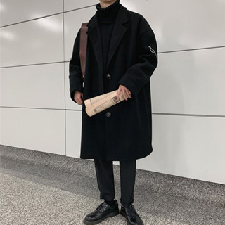 男士秋冬季毛呢大衣 中長款寬鬆帥氣風衣 西裝外套夾克 男士大衣套裝