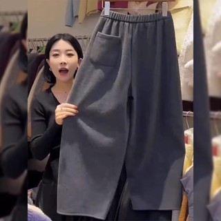 [遮胯又顯瘦]灰色加絨加厚休閒褲女冬季新款大碼梨形身材小個子九分彎刀衛褲子