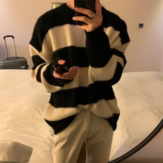 【HOT 本舖】男裝 條紋毛衣男 秋冬季韓版慵懶風圓領針織衫 潮牌潮流ins寬鬆外套 針織衫