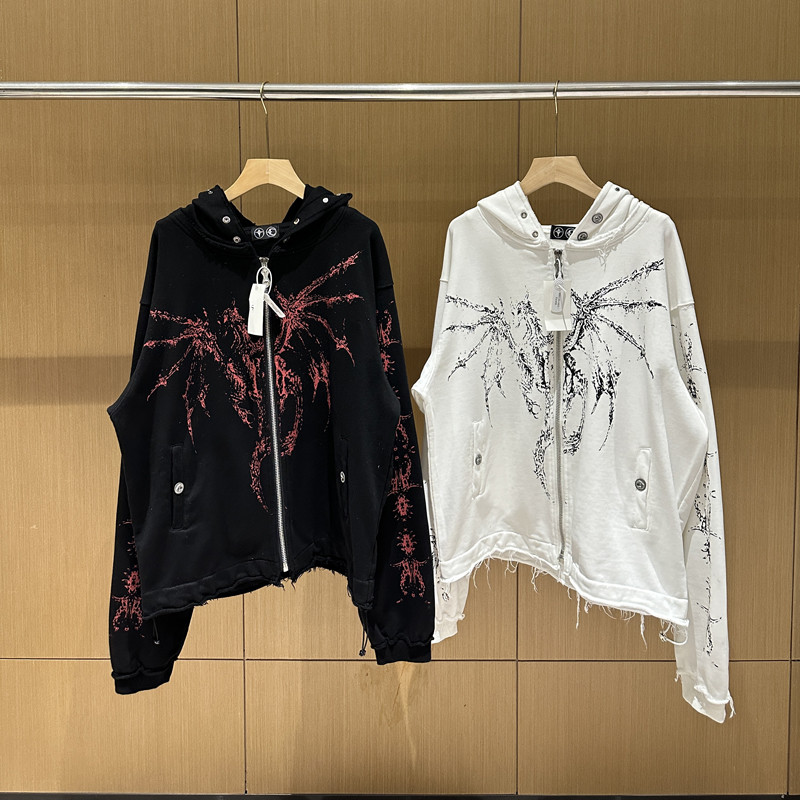 THUG CLUB重磅龍骨惡魔印花鉚釘寬鬆小外套拉鍊連帽大學T男女秋冬休閒外套