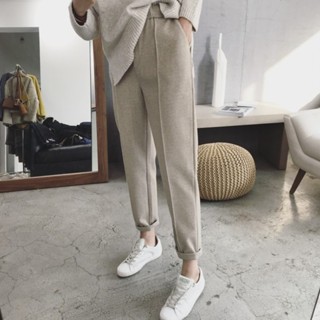 【優質女裝】S-4XL毛呢褲秋冬季加厚毛呢哈倫褲女窄管蘿蔔褲大尺碼九分寬鬆休閑直筒西裝長褲 九分哈倫褲蘿蔔褲可開發票