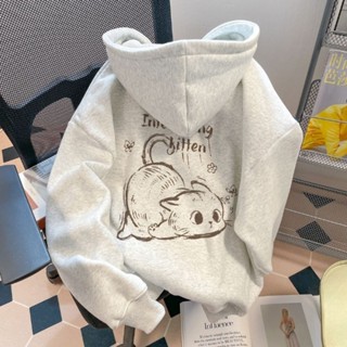 時尚字母秋季卡通原宿風貓印花女連帽衛衣ins百搭寬鬆情侶長袖上衣