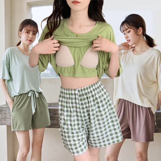 ParrotFashion薄款睡衣女夏季莫代爾帶胸墊短袖可外穿舒適感大碼家居服套裝批髮