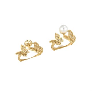 宏雲Hongyun-Ala新品-14K包金保色微鑲鋯石小花樹葉蝴蝶珠託戒指diy手工粘珍珠手作配件