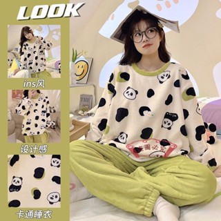 冬天睡衣💖可愛珊瑚絨睡衣女秋冬季加絨圓領家居服甜美日系宿舍法蘭絨套裝女 睡衣套裝 長袖睡衣 長袖居家服 保暖睡衣