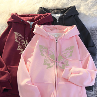 復古設計卡通蝴蝶印花女式開衫連帽衛衣秋季情侶寬鬆休閒長袖拉鍊上衣