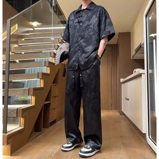 寬鬆上衣男夏季寬鬆套裝 冰絲直筒褲龍紋提花男套裝