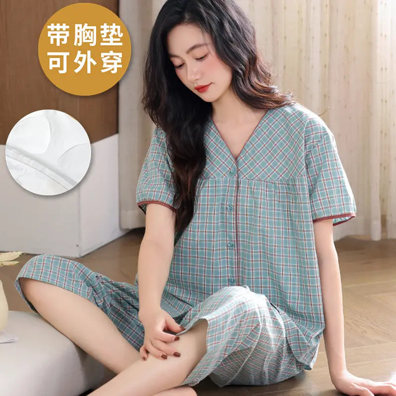 帶胸墊睡衣女士夏季小外套短袖七分褲套裝可外穿2025新款格子家居服 TSAA