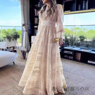法式氣質長袖禮服裙長裙洋裝 高階小眾設計新款長裙洋裝禮服 時尚潮流宮廷風鏤空拚接連衣裙A字裙 溫柔度假修身顯瘦連身裙