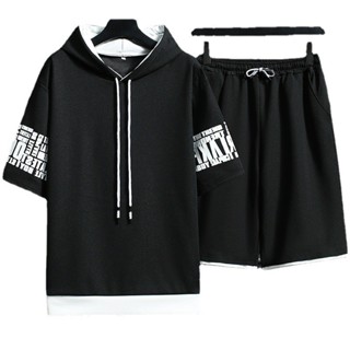 男裝夏季新款短袖套裝潮流衣服男士休閒運動連帽
