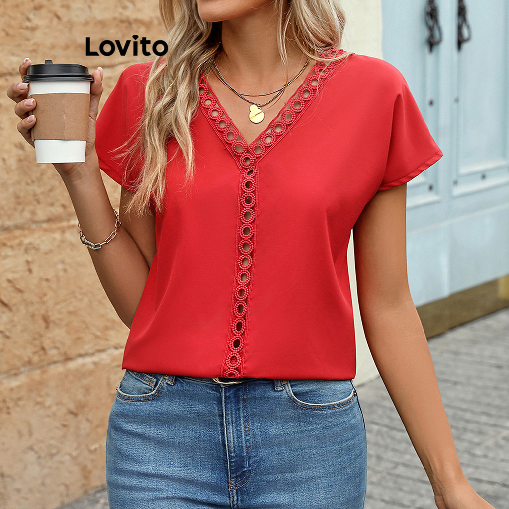 Lovito 女士優雅素色荷葉邊領襯衫 LBL19353