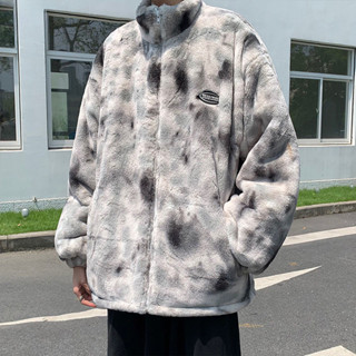 YLIE 羊羔毛外套男 外套 立領外套 冬季寬鬆扎染保暖冬裝棉衣 加絨加厚棉服 ins潮牌棉襖 秋冬外套 情侶外套
