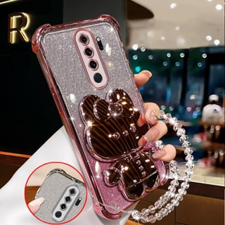 【防震】redmi Note 8 pro redmi note 8 手機殼閃亮粉色手機殼兔子化妝鏡帶支架矽膠 TPU 軟