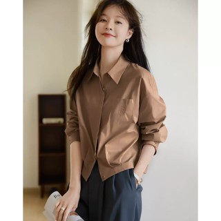 休閒設計感口袋刺繡女襯衫2024秋季新款簡約百搭長袖襯衫