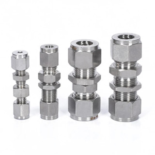 304不銹鋼雙卡套隔闆接頭 3mm 4mm 6mm 8mm直通壓縮式管道連接器