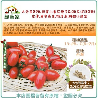 【綠藝家】大包裝G96.櫻蜜小番茄種子0.06克(約30顆) 皮薄.果串長美.糖度高.糖酸比適當(F1，不