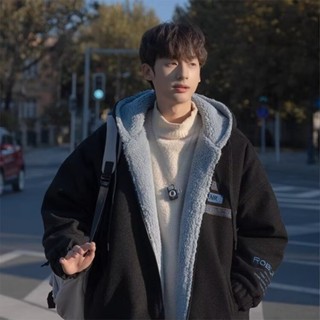 男外套 羽絨外套 羊羔絨毛棉服 加絨加厚寬鬆刺繡連帽外套男美式復古棉衣 羊羔絨 羽絨 外套 冬季外套 棉衣 安木與島