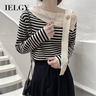 IELGY 不規則露肩撞色條紋寬鬆長袖針織T恤女上衣