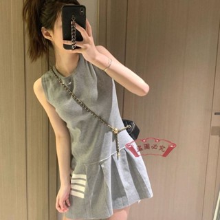 超IN🌸日係風 2024年夏季新款小個子四條槓無袖連衣裙休閒針織學院風百褶短裙潮 仙女裙 大碼裙 淑女裙 洋裝