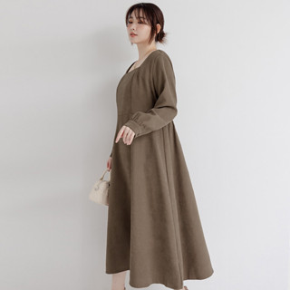 【PolyLulu】 MISS.秋冬氣質方領磨毛後鬆緊澎袖洋裝 中大尺碼洋裝 咖啡色