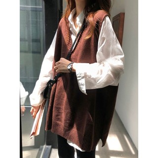 【HOT 本舖】V領開叉背心馬甲女 早秋韓版百搭chic寬鬆顯瘦無袖毛針織衫外套潮 純色簡約馬甲